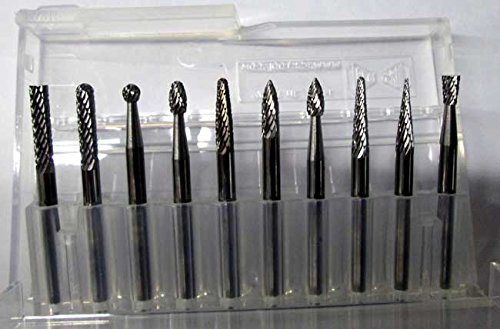 10 Pc. Made in USA 1/8" Head x 1/8" Shank Most Popular Tungsten Carbide Burr Set