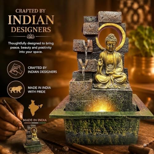 Image of G - Creations : Waterfall | Fountain | Buddha Waterfall Statue |Water Fountains for Outdoor Living Room, Office, Garden & Table Top Waterfall Indoor Home Decor Indoor Green & Black