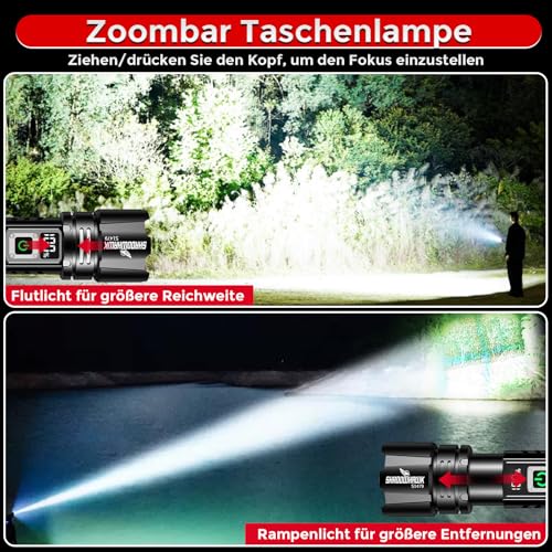 Shadowhawk 500000 Lumen Taschenlampe LED Aufladbar - Bis zu 1000m Reichweite, 24h Laufzeit mit 2 Akkus, LCD-Prozentanzeige Taktische Taschenlampen, Extrem Hell Flashlight für Camping, Wandern, Outdoor