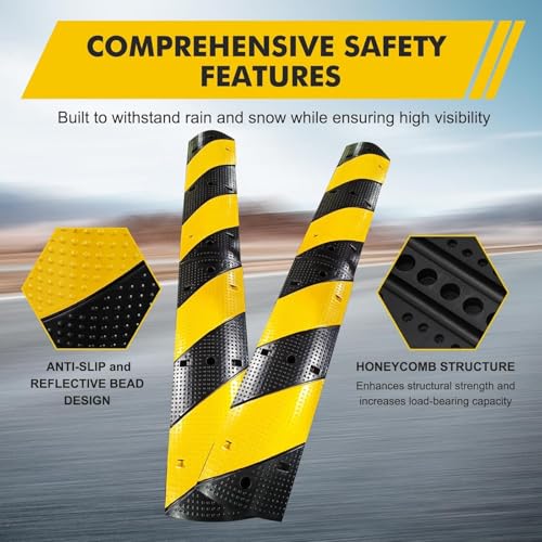 Image of 6 Ft Rubber Speed Bump 4 Pack, Heavy Duty Speed Bumps for Road | 25,000 Lbs Capacity, Seed Hump Traffic Calming Ramp for Driveway for Low Cars Trucks Asphalt Concrete Gravel