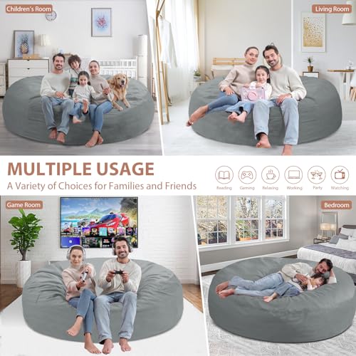 7FT Bean Bag Chair, Large Bean Bag Chairs with Memory Foam Filled, Fluffy Beanbag Sofa with Dutch Velvet Cover, Round BeanBag Chairs for Living Room, Playroom - Light Grey