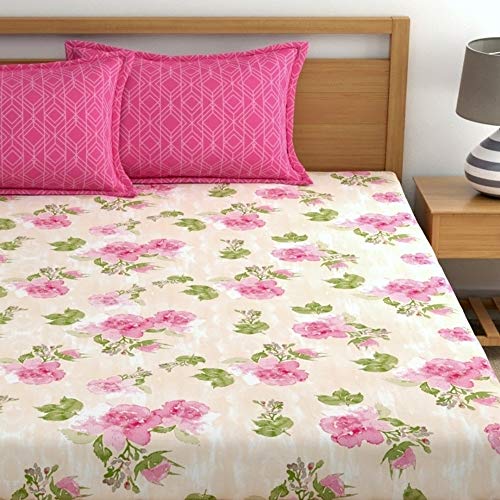 Image of Dreamscape 100% Cotton Fitted Bedsheet for King Bed, 186 TC, 1 Fitted Bed Sheet (Size 72 x 78 inches) with 2 Pillow Covers - Pink