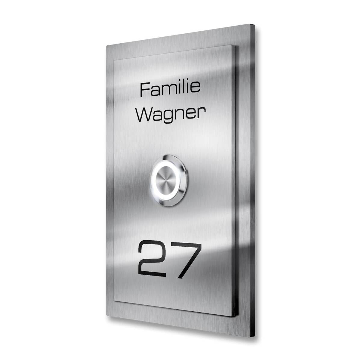 Metzler® Türklingel Edelstahl mit LED-Taster und Gravur – witterungsbeständig, personalisierbar, beleuchtet in Wunschfarbe – modernes Klingelschild 11x16 cm, einfache Montage, rostfrei