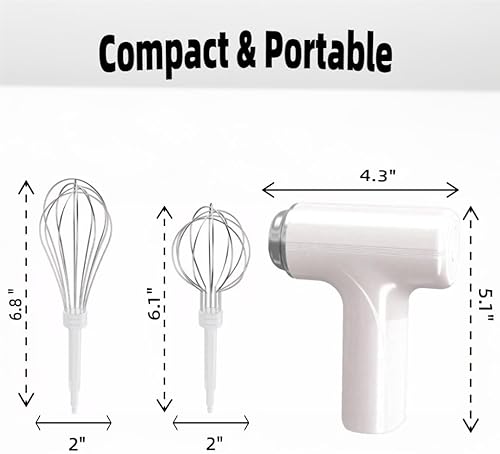 Miniatura 6 de Batidora de mano inalámbrica, batidor eléctrico de mano con 3 modos de velocidad, batidor de huevos de mano con 2 batidores desmontables (blanco)