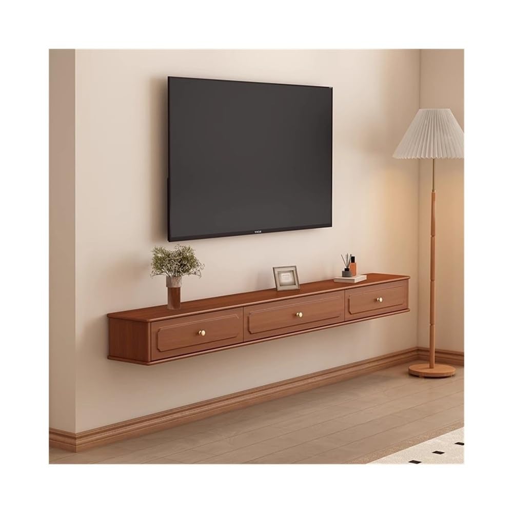 Supporto TV galleggiante montato a parete Mobile TV sospeso for sotto la TV, centro di intrattenimento vintage di lusso con portaoggetti, mobile TV stretto a parete in legno con cassetti, salvaspazio