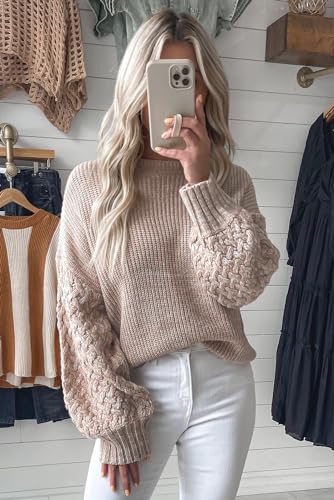 Women's Solid Color Long Sleeve Sweater Knitted Round Neck Bubble Sleeve Pullover Top3