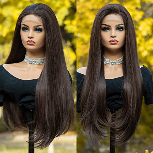 K'ryssma Brown Lace Front Wig Glueless Natural Straight Synthetic Wig With 4 Inch Deep Parting Heat Resistant Long Brown Wigs for Women Daily Wear