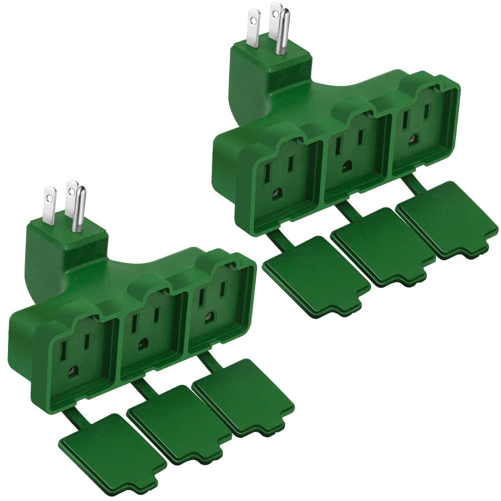 K KASONIC - 3-Outlet Wall Plug Adapter, Indoor/Outdoor Use, UL Listed, Heavy Duty Multi Outlet Power Extender, Safe Cover and All Weather Resistant for Home, Office, Garage, Patio (Green) (2 Pack)