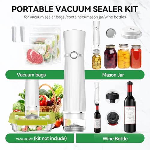Image of Vacuum Sealer for Food (Compact Vacuum Sealer Machine + 30 Reusable Vacuum Bags+ 30 Mason Jar Lids), 2000mAH Handheld Food Sealer, Cordless & Portable for Meal Prep, Food Storage