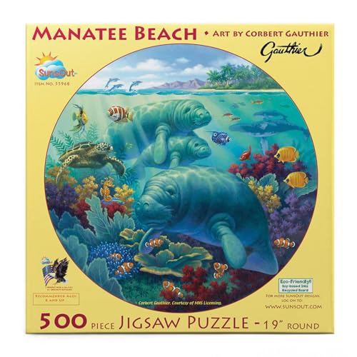 SUNSOUT INC - Manatee Beach - Rompecabezas redondo de 500 piezas por el artista Corbert Gauthier - Tamaño terminado 19.5" rd - MPN# 55968 miniatura 1