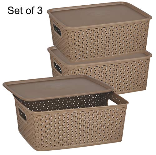 Image of SKI H1 Fashion Multipurpose Storage Basket with Lid Set 3 -Size 26cm *11 cm *20cm (Small, Sandstone)
