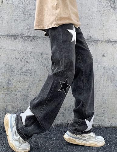 Men's Y2K Jeans Hip Hop Baggy Denim Pants Vintage Graphic Star Jeans Loose Fit Straight Trousers4