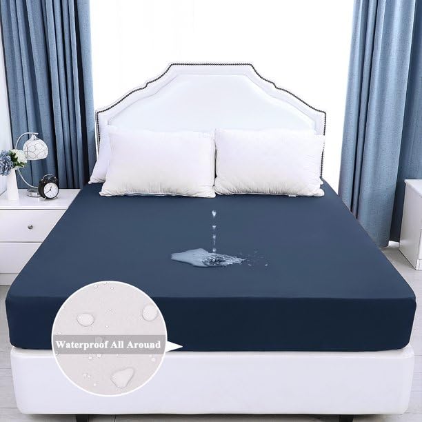 Image of Waterproof Mattress Protector King Size 75x70 - Waterproof Terry Cotton Mattress Protector /Bed Cover King Size Bed - Navy Blue Color - Water Proof Mattress Protector for Kids Urine