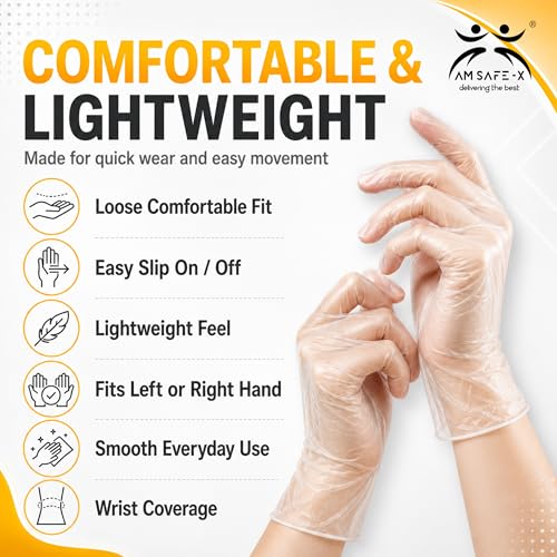 Image of AM Safe-X Disposable Transparent vinyl Gloves, Food Grade Single Use Plastic Gloves, Powder Free PE Gloves for Cooking, Food Handling, Cleaning, Kitchen, Salon & Household Use (Large - 80 Pieces)