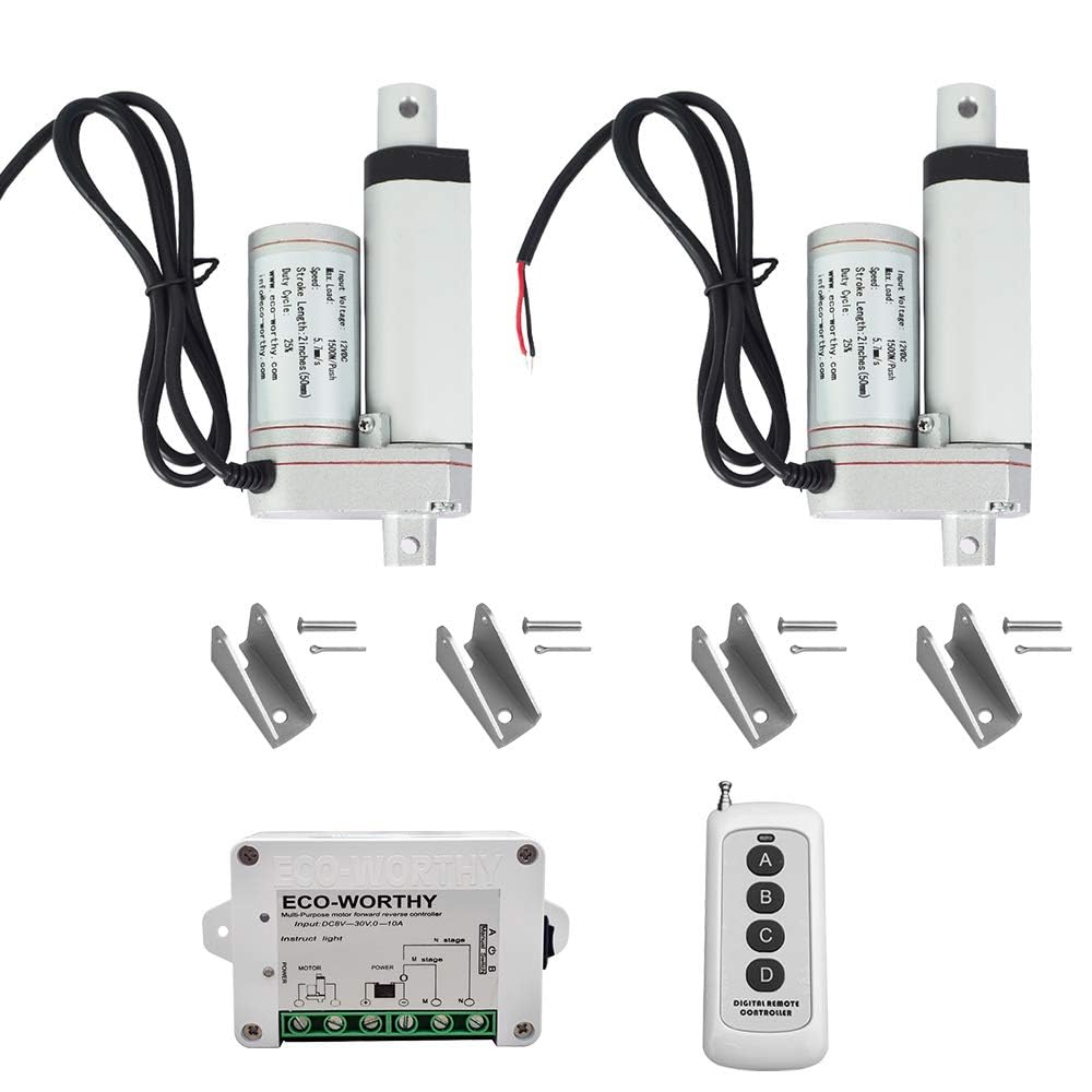 DCHOUSE Lot de 2 actionneurs linéaires robustes 12V, course de 50mm, moteur de levage maximal de 150kg, kit de télécommande sans fil avec supports de montage (1500N, 2 pouces)