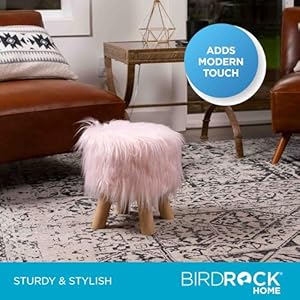 Birdrock home faux fur foot stool ottomanupholstered vanity chair wnatural wood legs soft compact padded seat for makeup room living room bedroomdecorative accent furniturepink  urban country home decor