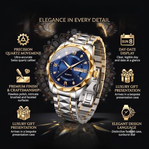 Image of GOLDENIZE FASHION Luxury Analog Roman Numeral Date Display Diamond Pattern Classics Stainless Steel Wrist Watch for Men