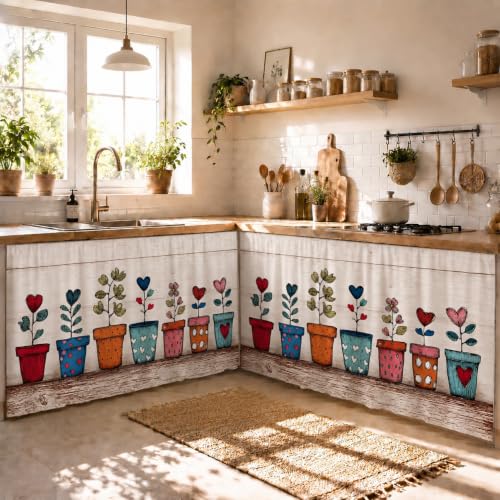 Image of Under Sink & Counter Curtain for Modular Kitchen - Printed Fabric Rod Pocket Hanging Skirt, Washable Under-Counter Cover, Pack of 2 Panels (Each Panel: 150 x 70 cm) (Flower Port)