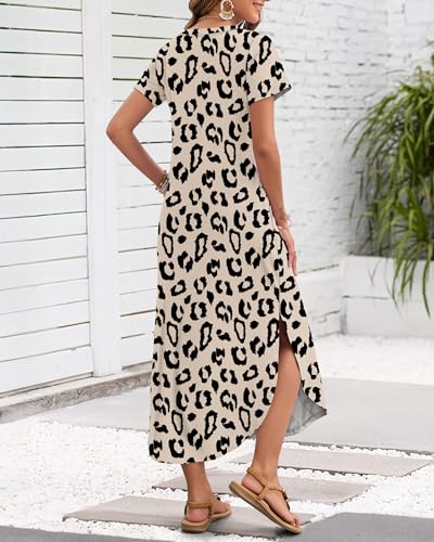 Image of MISFAY Women's Summer Maxi Dress 2026 Casual Short Sleeves V Neck Loose Sundress Split Long Beach T Shirt Dress