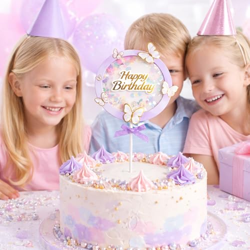 Image of Rozi Decoration Happy Birthday Cake Topper with Butterfly Theme | Cake Decoration | Pastel Purple Birthday Cake Accessory for Kids Party Pack of 1 Pcs