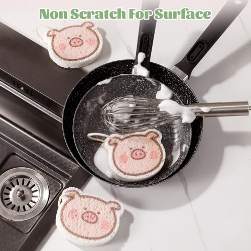 Image of JOYMOOP Kitchen Sponge for Washing Dishes, 4 Pack Cartoon Cellulose Sponges for Cleaning, Reusable Non-Scratch Sponges for Household, Car Interior and Pet Supplies - Piggy Pattern