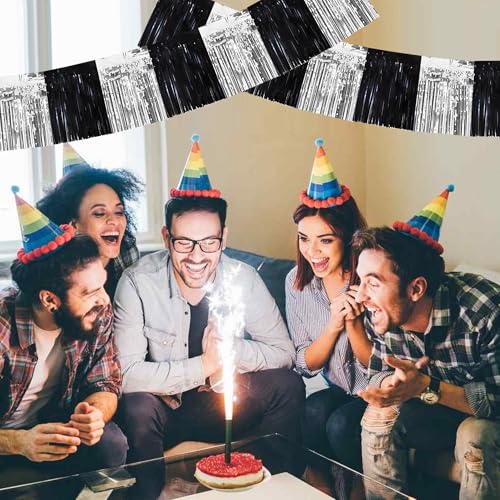 Image of BEISHIDA 3 Packs Metallic Foil Fringe Garland Black Silver Wall Hanging Tinsel Fringe Banners for Car Floats Bridal Shower Wedding Birthday Easter Graduation Holiday Party Decoration(30 Feet)