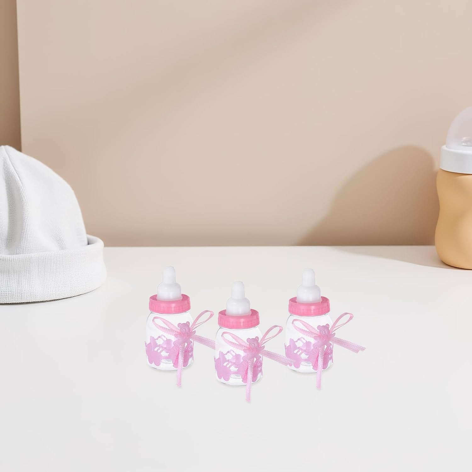 12pcs Pink Shower Candy Containers Small Plastic Refillable Bottle Favors with Ribbon for ’ Birthday Party and Newborn Celebration