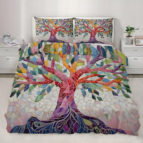 LLSZAHD Funda Nordica Cama 150 Árbol De La Vida Funda Nordica 220 x 240 cm Rojo Y Morado Funda Edredon con Cremallera Cómodo 110gsm Microfibra Fundas Nordicas y 2 Funda Almohada 50x75 cm