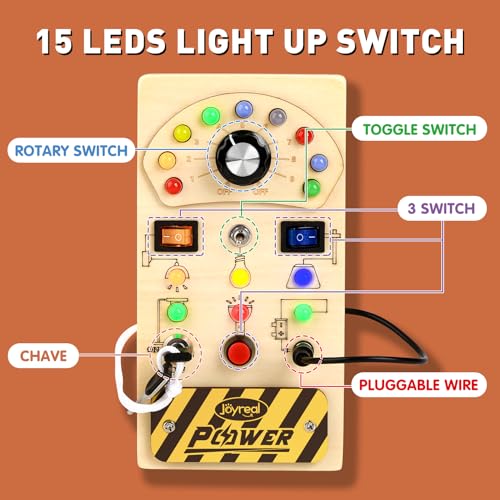 Image of Joyreal Toddler Busy Board, Wooden Montessori Busy Board Sensory Board with LED Light Switch, Sensory Toys Baby Fidget Board Travel Toys for Toddler
