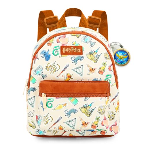 Harry Potter Mini mochila – Mochila pequena icônica de couro sintético de 25,4 cm com bolso frontal e pacote de botões | Ajusta-se para adolescentes, adultos e mulheres
