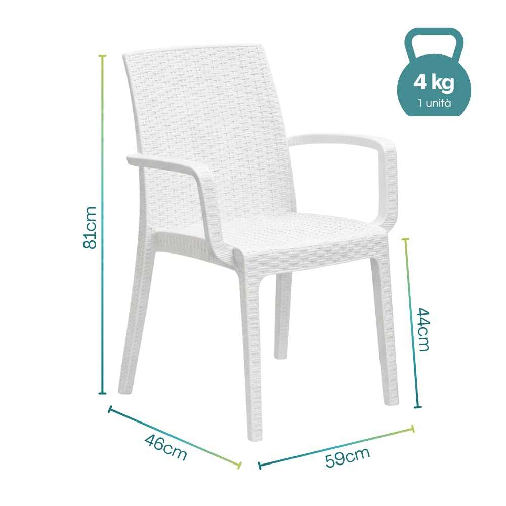 PALUPLUS Set 4 Sedie da Giardino con Braccioli in Polipropilene effetto Rattan colore BIANCO, misura 59x57x86 cm, Sedia Impilabile per Esterno ed Interno -VEROARM930F-18,8