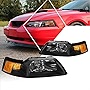 [Pair] Replacement Headlights Assembly Black Housing/Amber Corner Compatible with Ford Mustang 99-04