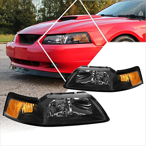 [Pair] Replacement Headlights Assembly Black Housing/Amber Corner Compatible with Ford Mustang 99-04