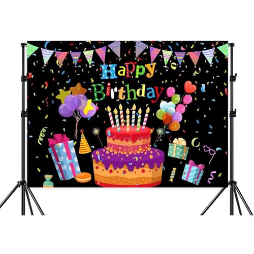 Image of 8X6ft Colorful Happy Birthday Backdrop, Birthday Party Backdrop with Cake, Balloons, Gifts & Confetti for Kids & Adults Black Photography Background,Banner Photo Shoot Studio Props