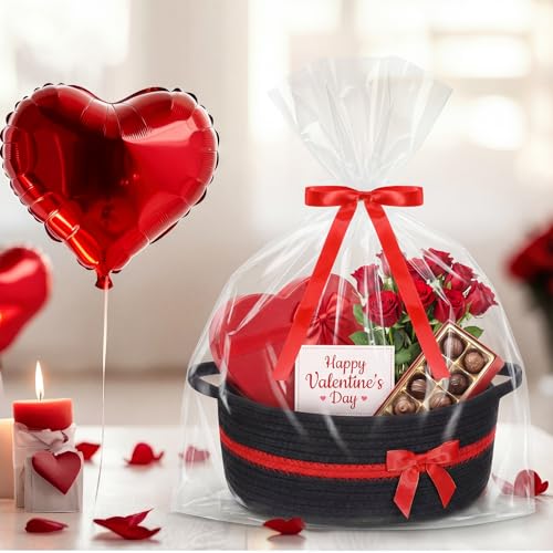 Image of Colingmill 1 Set Woven Basket for Gift Empty with Cellophane Wrap Set 14 x 10 x 5.5 Inch, Medium Decorative Gift Basket Empty to Fill, Cotton Rope Storage Box Decor (Black Red)