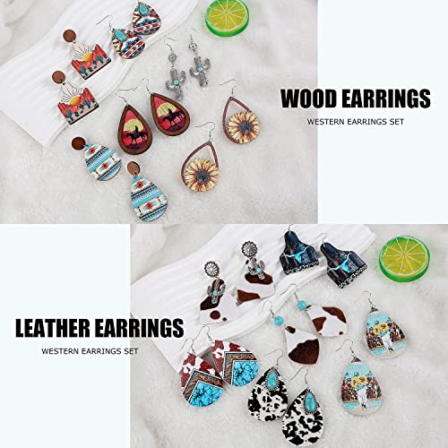 12 Pairs Western Earrings Set for Women Boho Cowgirl Vintage Turquoise Print Leather Wood Teardrop Dangle Bohemian Cowboy Earring Jewelry4