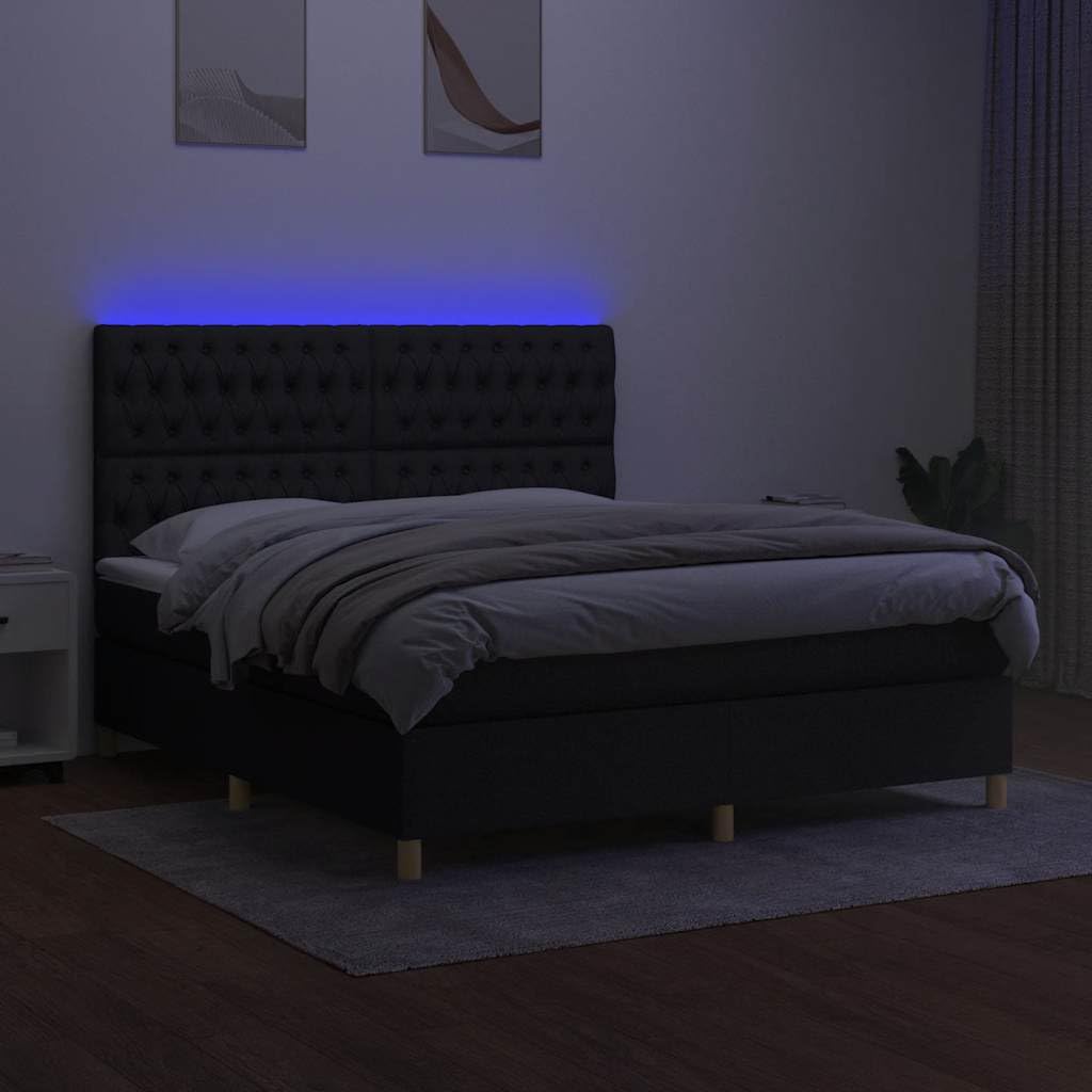 tkanina z regulowanym zagłówkiem LED 160x200 cm czarny | Łóżko kontynentalne z materacem 160x200 cm czarne tkanina z regulowanym zagłówkiem i LED