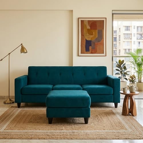 Image of Homeboy 4 Seater L Shape Sofa Set with Movable Ottoman | Flexible Left or Right Layout | Luxe Velvet Suede Fabric | Comfortable Seating | Modern Sofa for Living Room -Green Teal