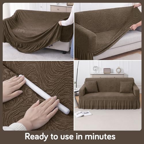 Image of HOKIPO 240 GSM Premium Jacquard Fully Covered Stretchable Sofa Cover for 1 Seater, 'Serene Wave Series' Taupe Brown (AR-6352-LBR)