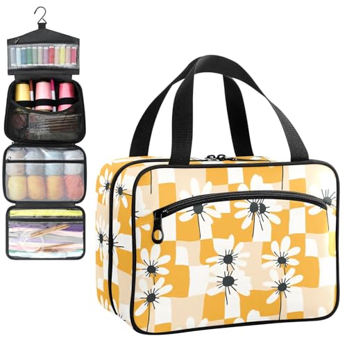 YNNALE Sewing Supply Organizer Bag, Hippie Orange and White Daisy Flowers Portable Sewing Bags with Pockets&Hanger, Sewing Storage Box Case for Sew Supplies/Kit/Tools/Accessories (BAG ONLY)