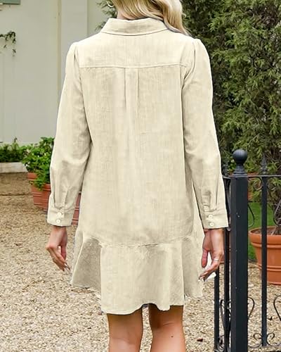 Image of YEXPINE Women's Tunic Mini Shirt Dress Cotton Linen Long Sleeve Button Up Ruffle Hem Loose Casual Summer Pockets Shift Dress