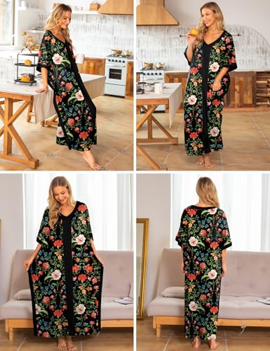 Image of Bloggerlove Women Nightgowns Cotton Caftan House Dress Short Sleeve Sleepwear Vacation Beach Moo Moos Dress with Pockets