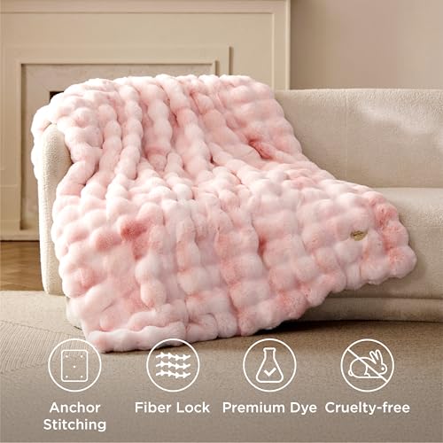 Bedsure GentleSoft Fluffy Pink Bubble Blanket, Fuzzy Soft Faux Fur Throw Blanket for Couch, Faux Fur Decor Gifts for Teenage Girls, Thick Warm Furry Cozy Gifts for Women, Tie-dye Pink, 50x60 Inch