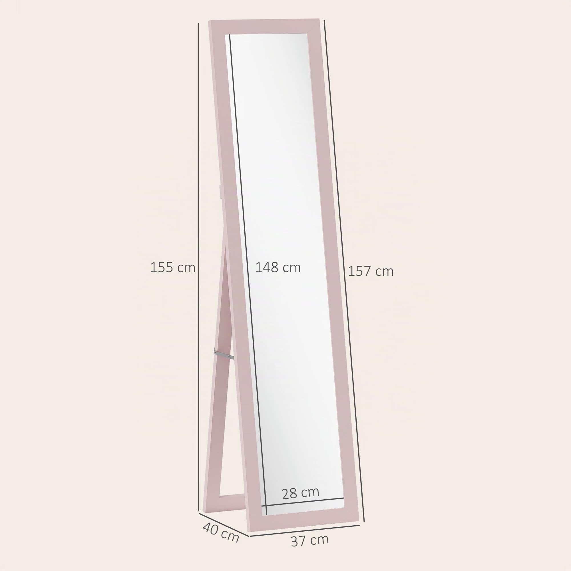 HOMCOM Specchio intero da terra 157x37cm con supporto rosa perlato chiaro