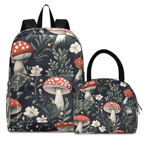 Backpack Lunch Box, Vintage Mushroom Insulated Waterproof Lunch Bag, Backpacks and Lunch Bag Set for Boys