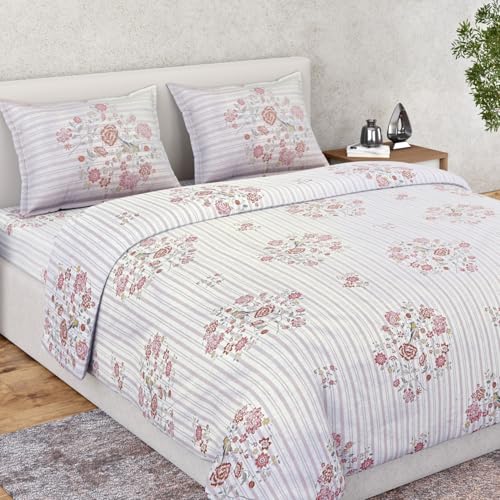 Image of Haus & Kinder Bed Sheet Double Bed | Woven 100% Cotton Ring-Spun 210 TC Queen Size Bedsheet | 100 X 90 Inches Double Bed Bedsheet - Elderflower Dream
