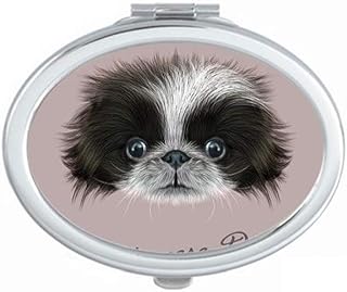 Black and white Cute Pekingese Dog Pet Animal Mirror Portable Fold Hand Makeup Double Side Glasses