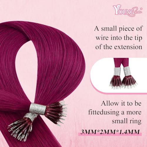 Image of YoungSee Nano Ring Hair Extensions Magenta 22 inch Nano Bead Hair Extensions Human Hair Burgundy Nanobead Human Hair Extension Colored Nano-Ring Hair Extension Remy Hair 1g /strands 25g 25 Strands
