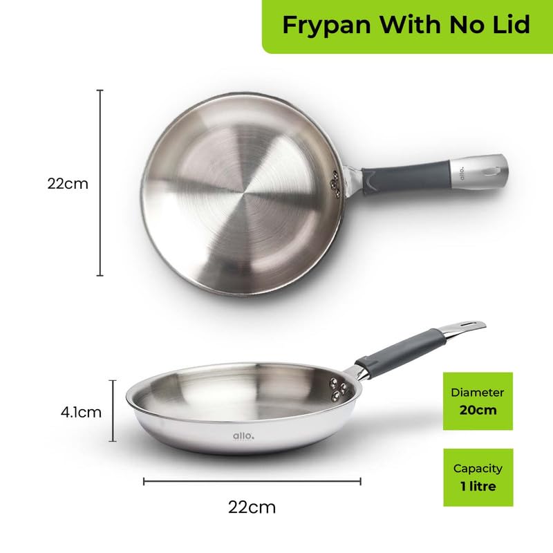 Image of Allo Stainless Steel Triply Fry Pan /Skillet for Curry /Stir-Fry /Deep-Fry /DryVeg /Saut /Cooking Induction Friendly, Naturally Non-Stick with Handle Steel Pan | 10 Years Warranty, 20cm, 1 litres