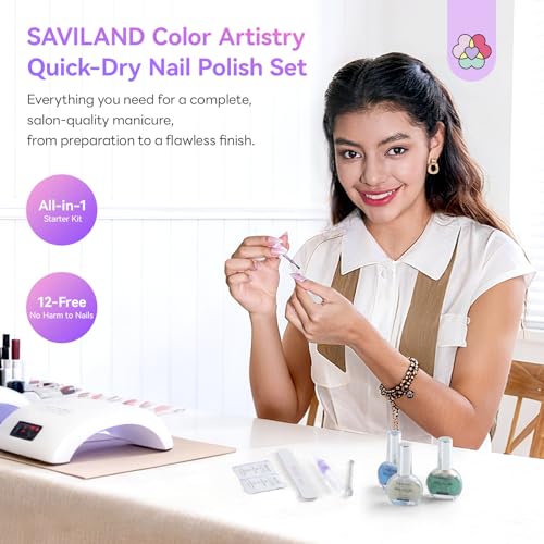 Image of SAVILAND Quick-Dry Aurora Nail Polish Kit: 6+1 Colors Nail Polish Set with 3-in-1 Base Top Coat Cuticle Oil Pearl Glitter Pink Blue Green 12-Free Fingernail Polish Home DIY for Women Gift